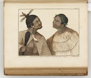 Een Nieuw-Zeelandse krijger en zijn vrouw, illustratie uit Een reisverslag naar de Zuidzeeën: in Zijne Majesteits schip, de Endeavour, 1794